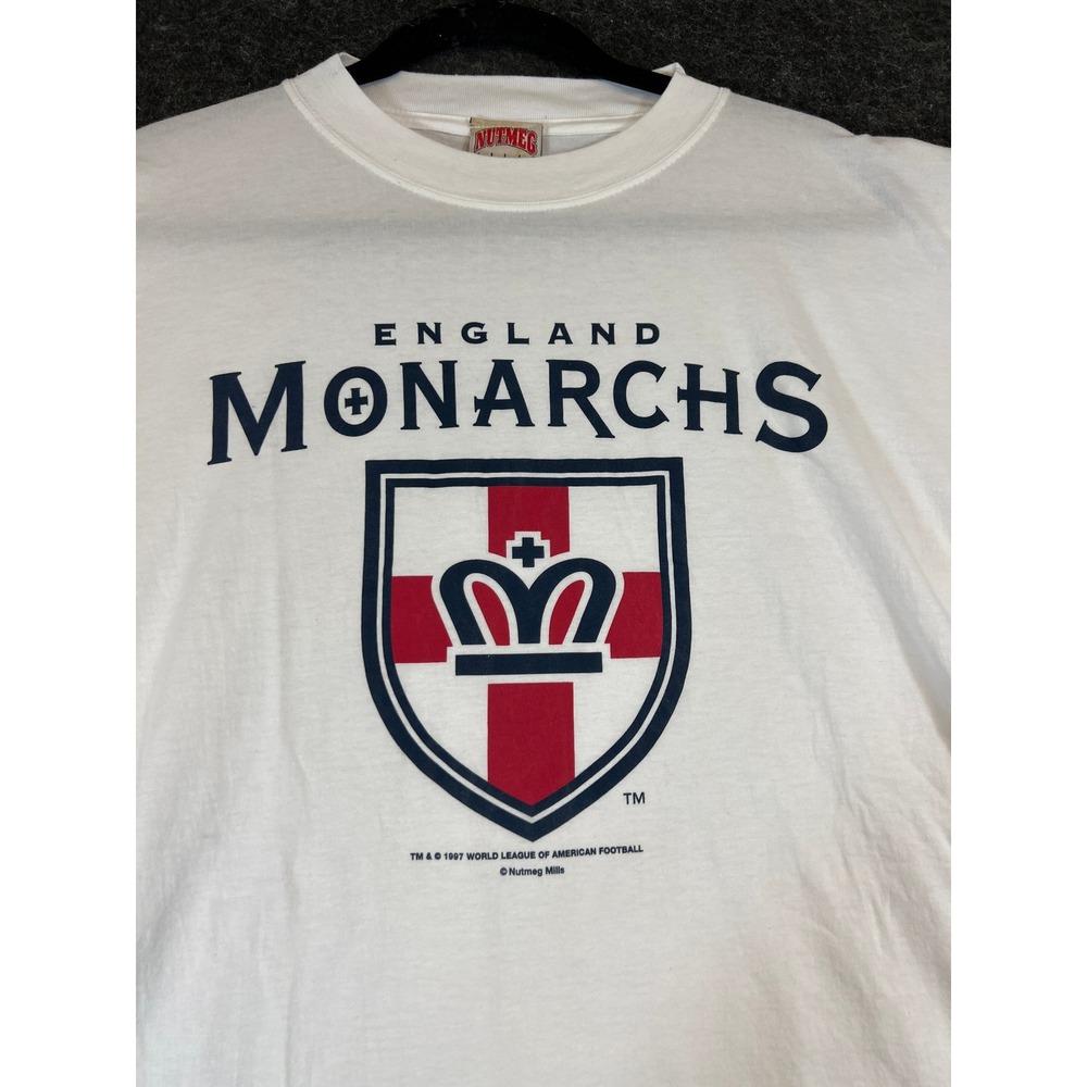 Vintage 90s London Monarchs Football T Shirt Mens XXL White Nutmeg Mills WLAF - Picture 2 of 9